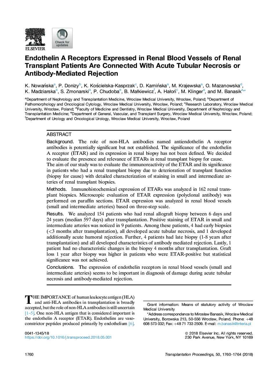 Endothelin A Receptors Expressed in Renal Blood Vessels of Renal Transplant Patients Are Connected With Acute Tubular Necrosis or Antibody-Mediated Rejection