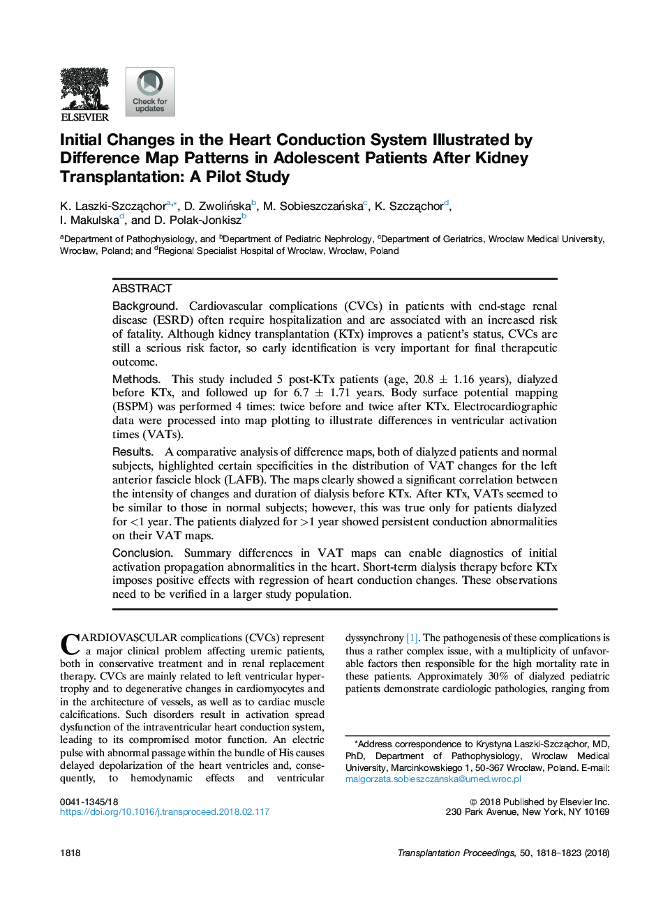 Initial Changes in the Heart Conduction System Illustrated by Difference Map Patterns in Adolescent Patients After Kidney Transplantation: A Pilot Study