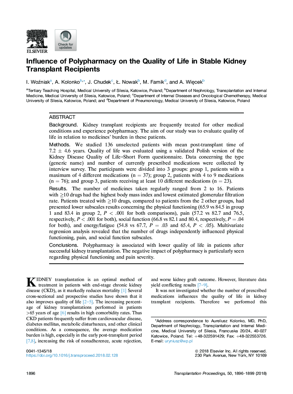 Influence of Polypharmacy on the Quality of Life in Stable Kidney Transplant Recipients