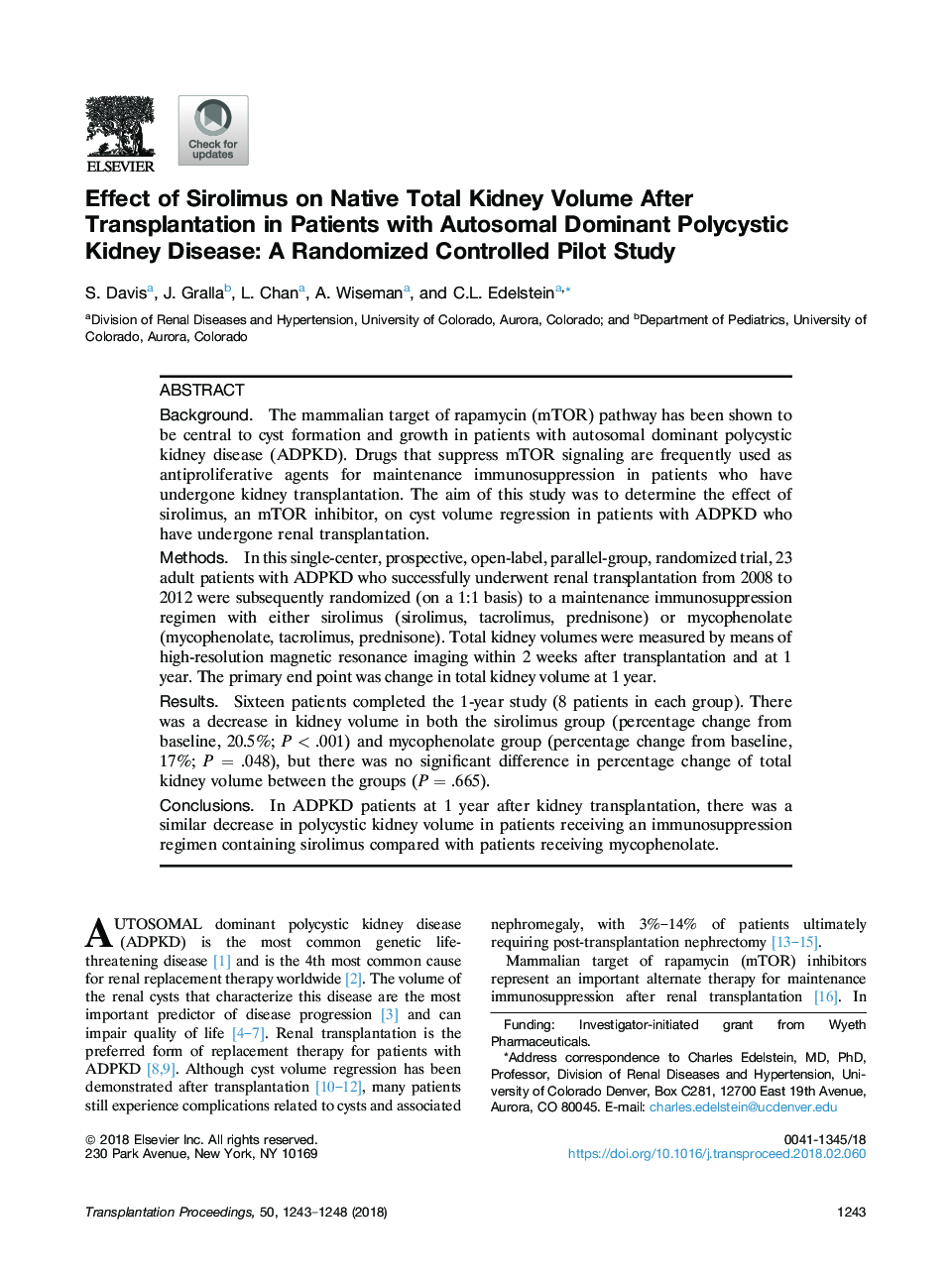 Effect of Sirolimus on Native Total Kidney Volume After Transplantation in Patients with Autosomal Dominant Polycystic Kidney Disease: A Randomized Controlled Pilot Study