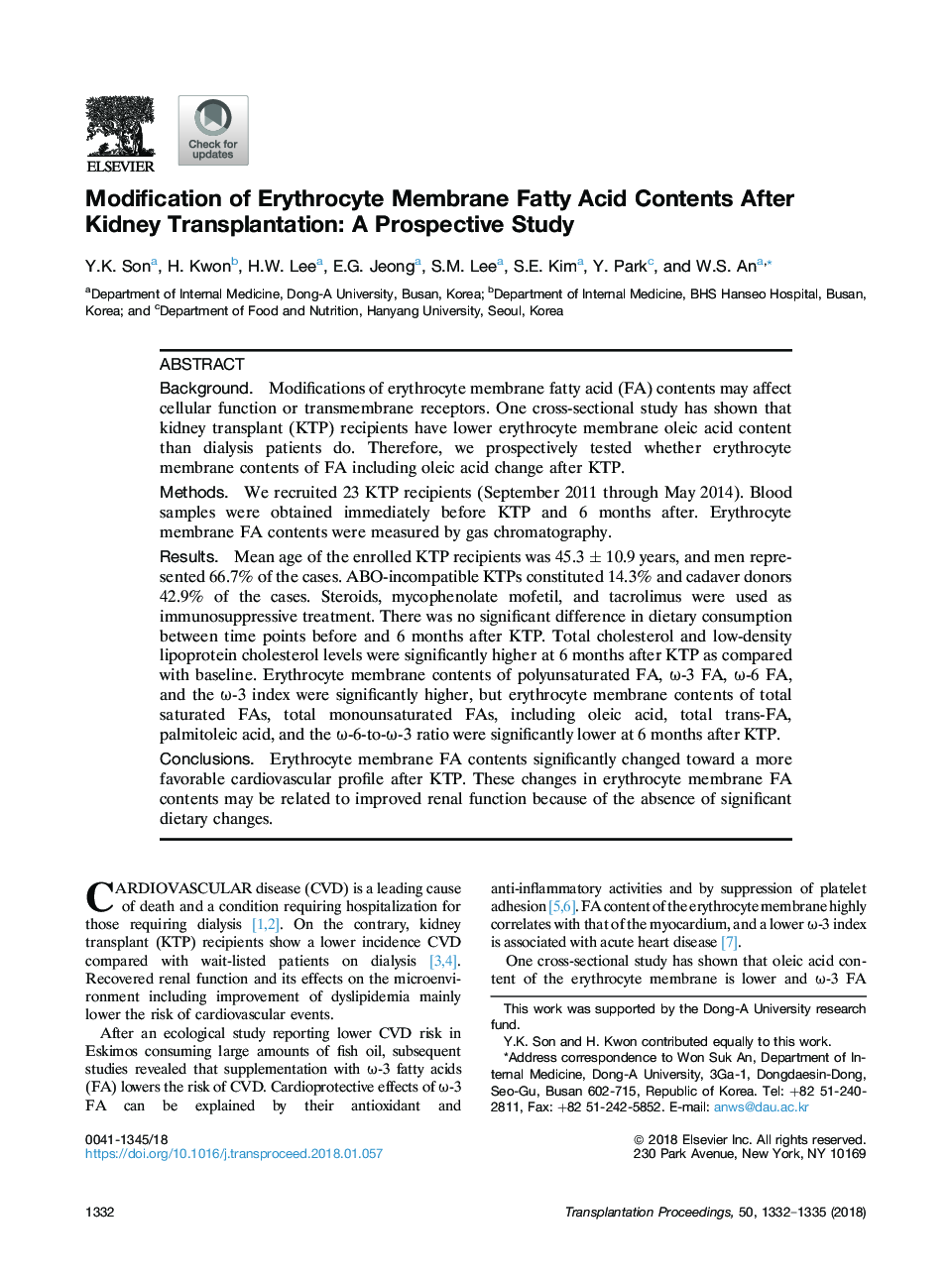 اصلاح محتوای غشاء اریتروسیت اسید چرب بعد از پیوند کلیه: مطالعه آینده نگر 
