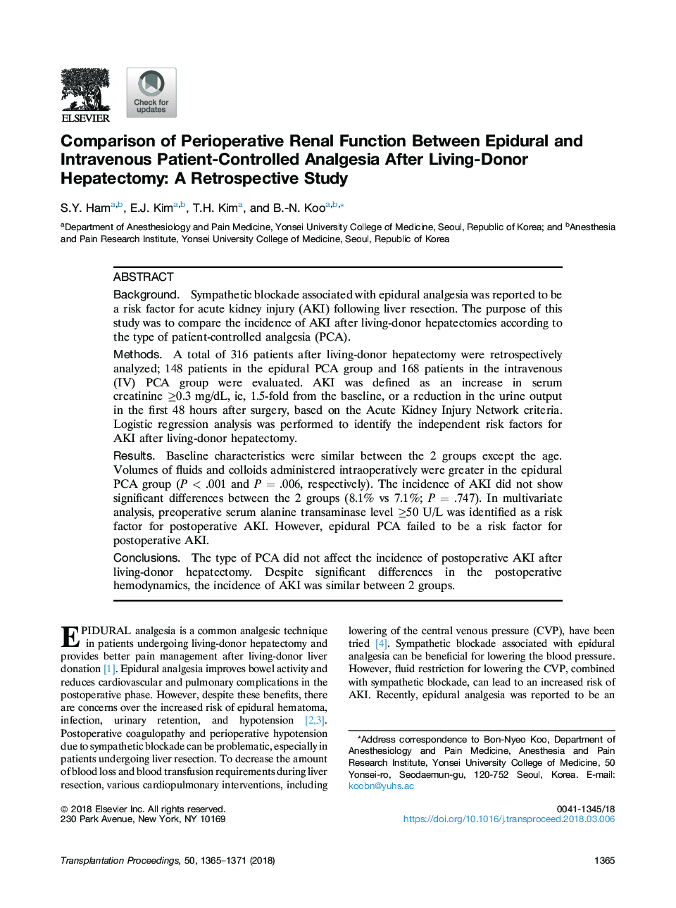 Comparison of Perioperative Renal Function Between Epidural and Intravenous Patient-Controlled Analgesia After Living-Donor Hepatectomy: A Retrospective Study