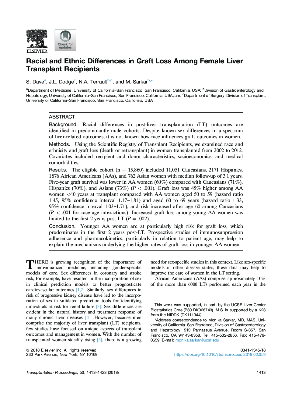 Racial and Ethnic Differences in Graft Loss Among Female Liver Transplant Recipients