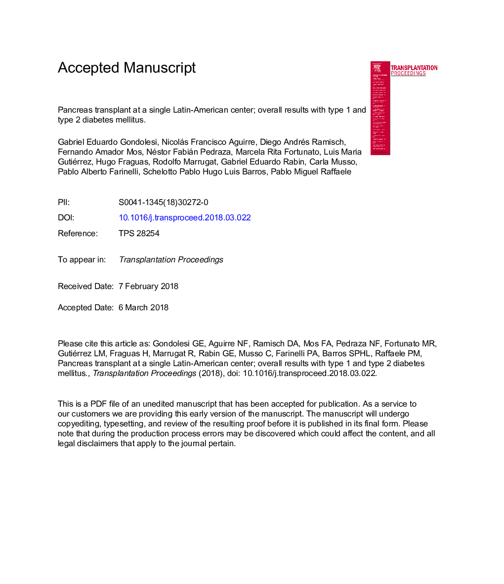 پیوند پانکراس در یک مرکز آمریکای لاتین؛ نتایج کلی با دیابت نوع 1 و نوع 2 