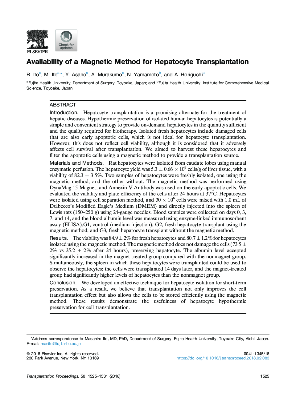 Availability of a Magnetic Method for Hepatocyte Transplantation
