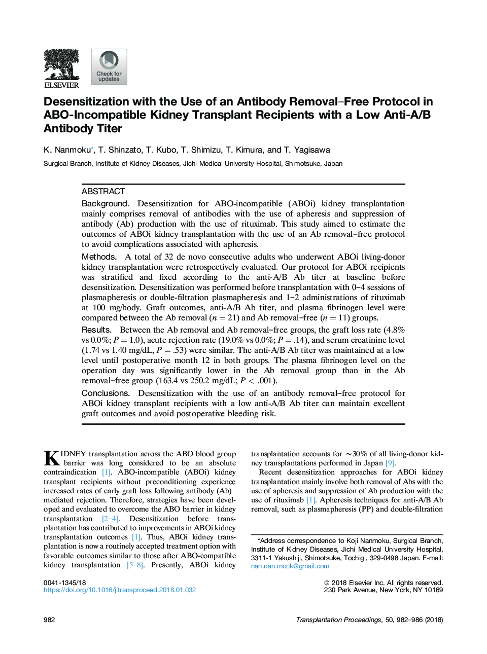 Desensitization with the Use of an Antibody Removal-Free Protocol in ABO-Incompatible Kidney Transplant Recipients with a Low Anti-A/B Antibody Titer