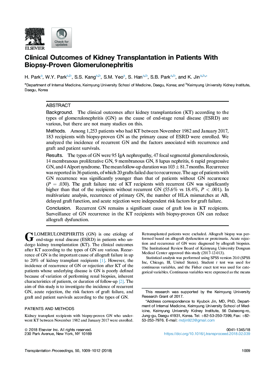 Clinical Outcomes of Kidney Transplantation in Patients With Biopsy-Proven Glomerulonephritis