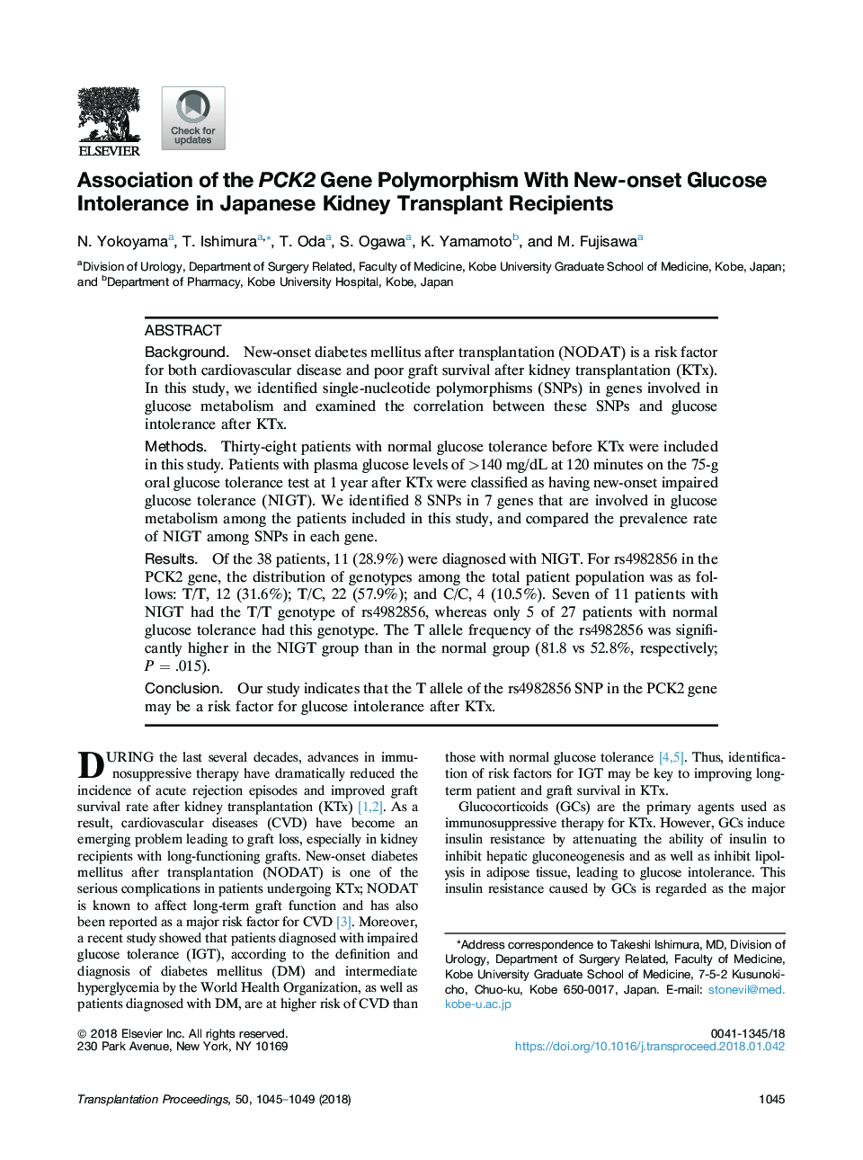 Association of the PCK2 Gene Polymorphism With New-onset Glucose Intolerance in Japanese Kidney Transplant Recipients