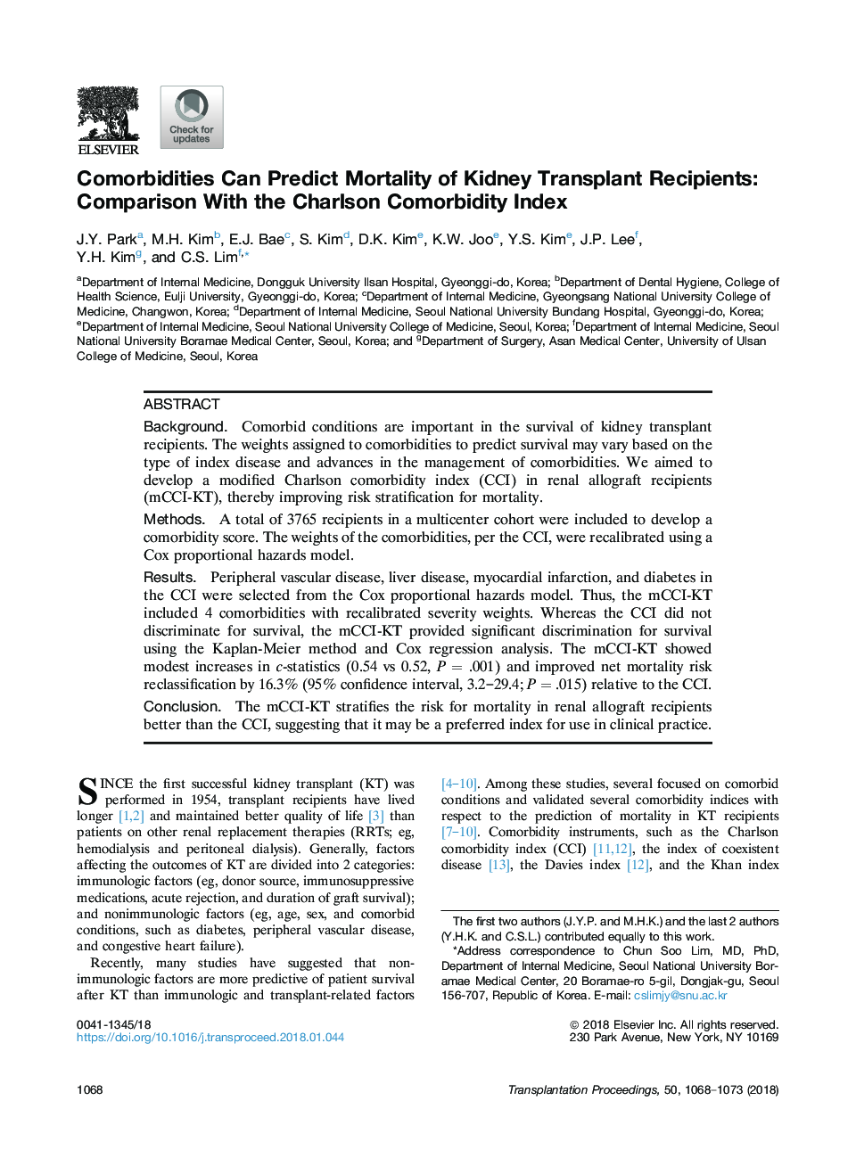Comorbidities Can Predict Mortality of Kidney Transplant Recipients: Comparison With the Charlson Comorbidity Index