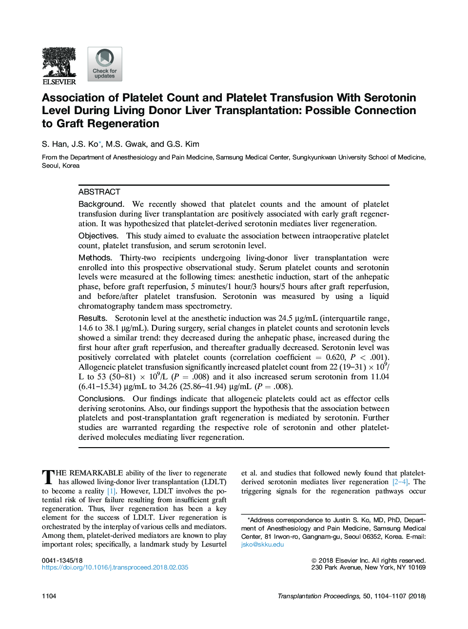 Association of Platelet Count and Platelet Transfusion With Serotonin Level During Living Donor Liver Transplantation: Possible Connection to Graft Regeneration