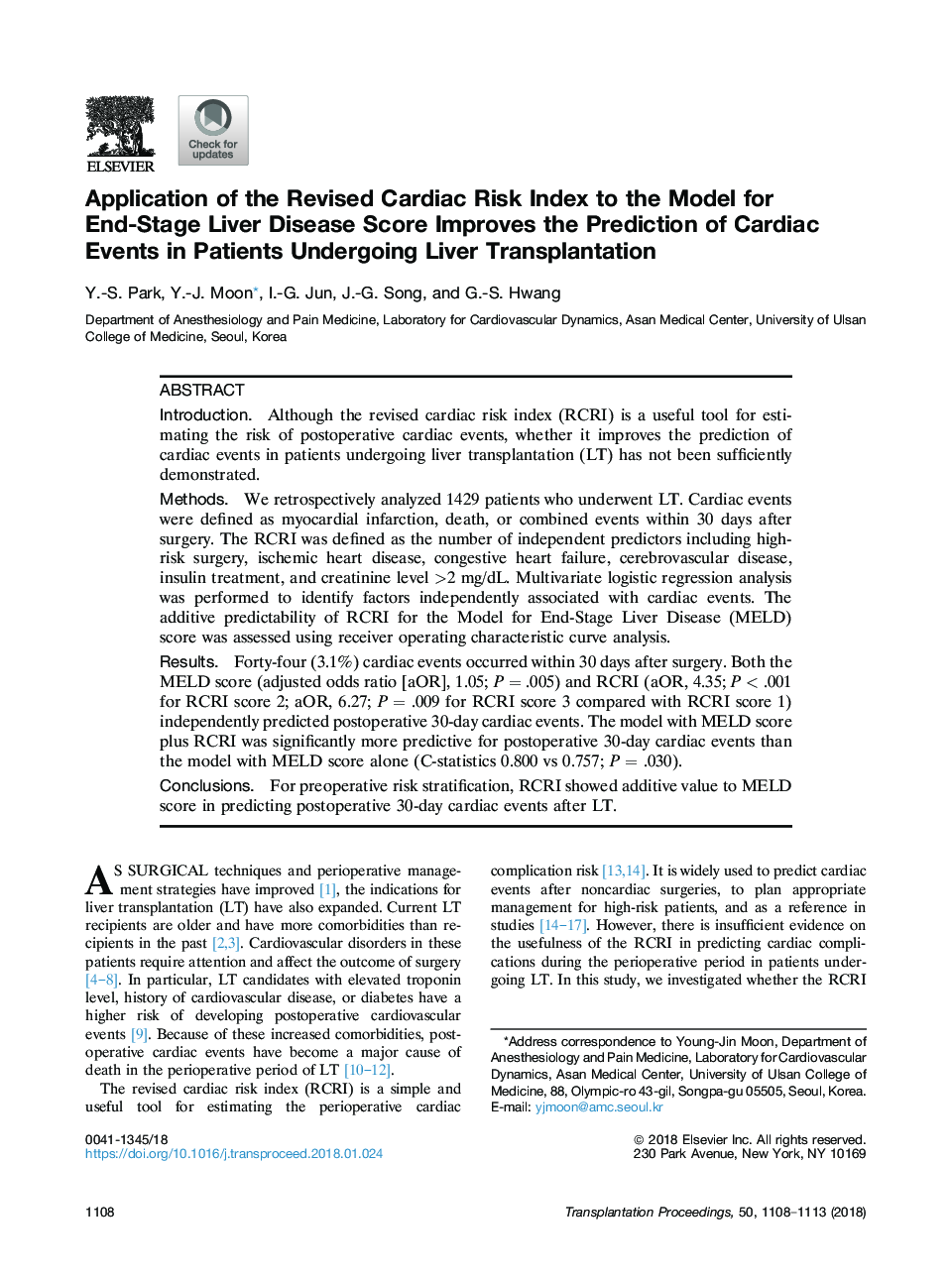 Application of the Revised Cardiac Risk Index to the Model for End-Stage Liver Disease Score Improves the Prediction of Cardiac Events in Patients Undergoing Liver Transplantation