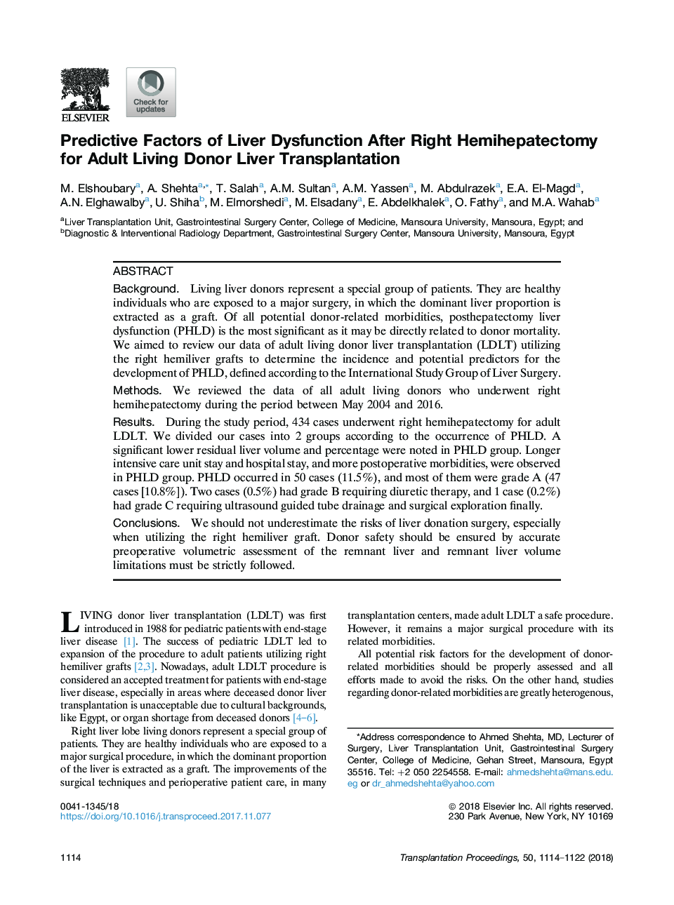Predictive Factors of Liver Dysfunction After Right Hemihepatectomy for Adult Living Donor Liver Transplantation
