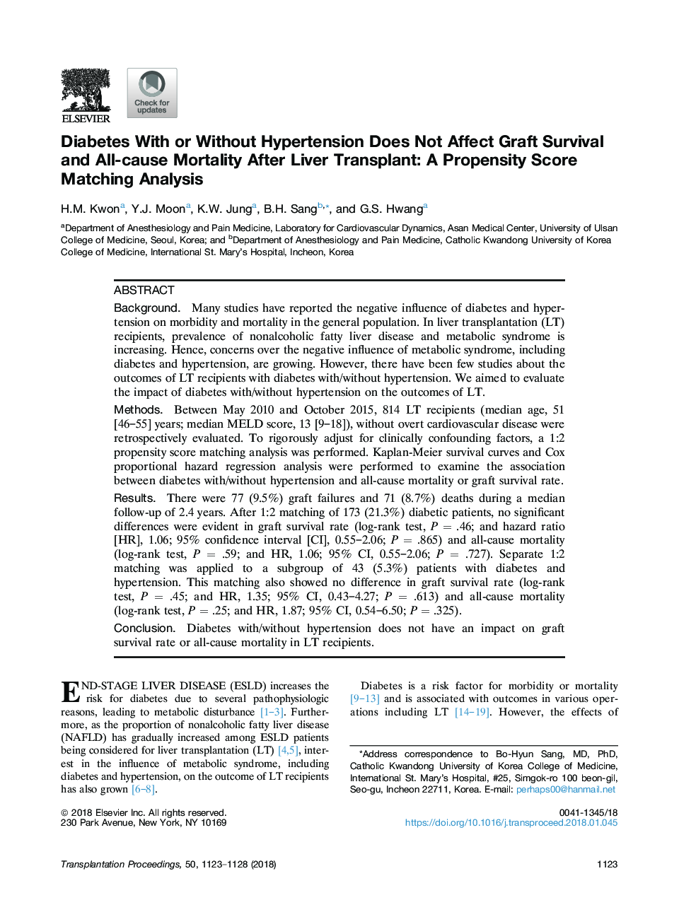 Diabetes With or Without Hypertension Does Not Affect Graft Survival and All-cause Mortality After Liver Transplant: A Propensity Score Matching Analysis