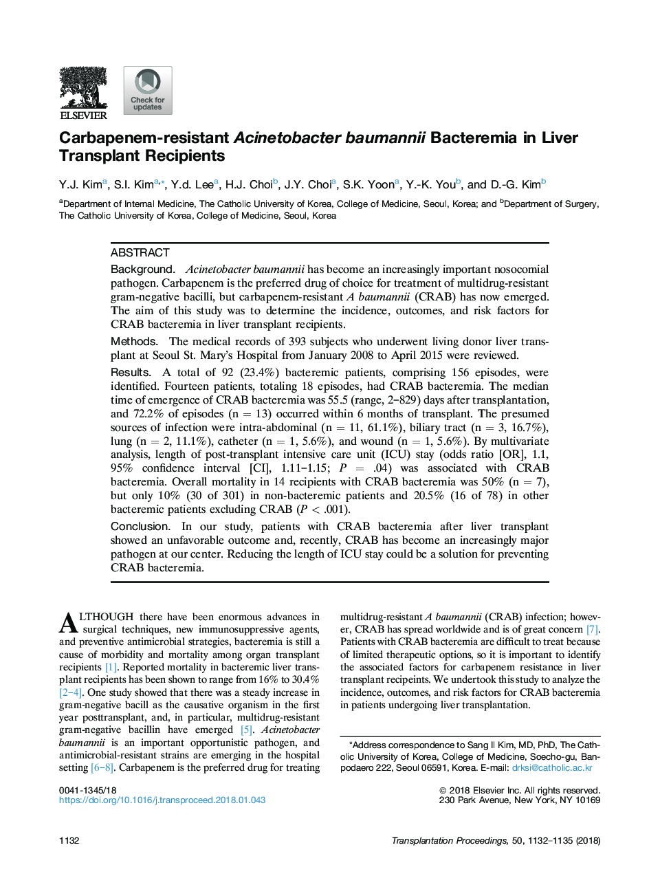 Carbapenem-resistant Acinetobacter baumannii Bacteremia in Liver Transplant Recipients