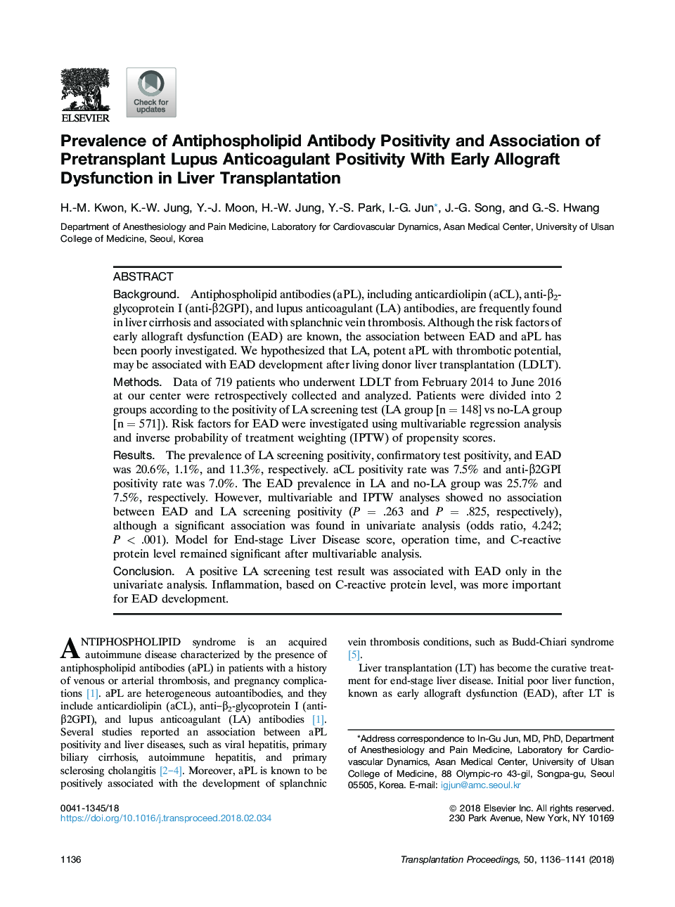 Prevalence of Antiphospholipid Antibody Positivity and Association of Pretransplant Lupus Anticoagulant Positivity With Early Allograft Dysfunction in Liver Transplantation