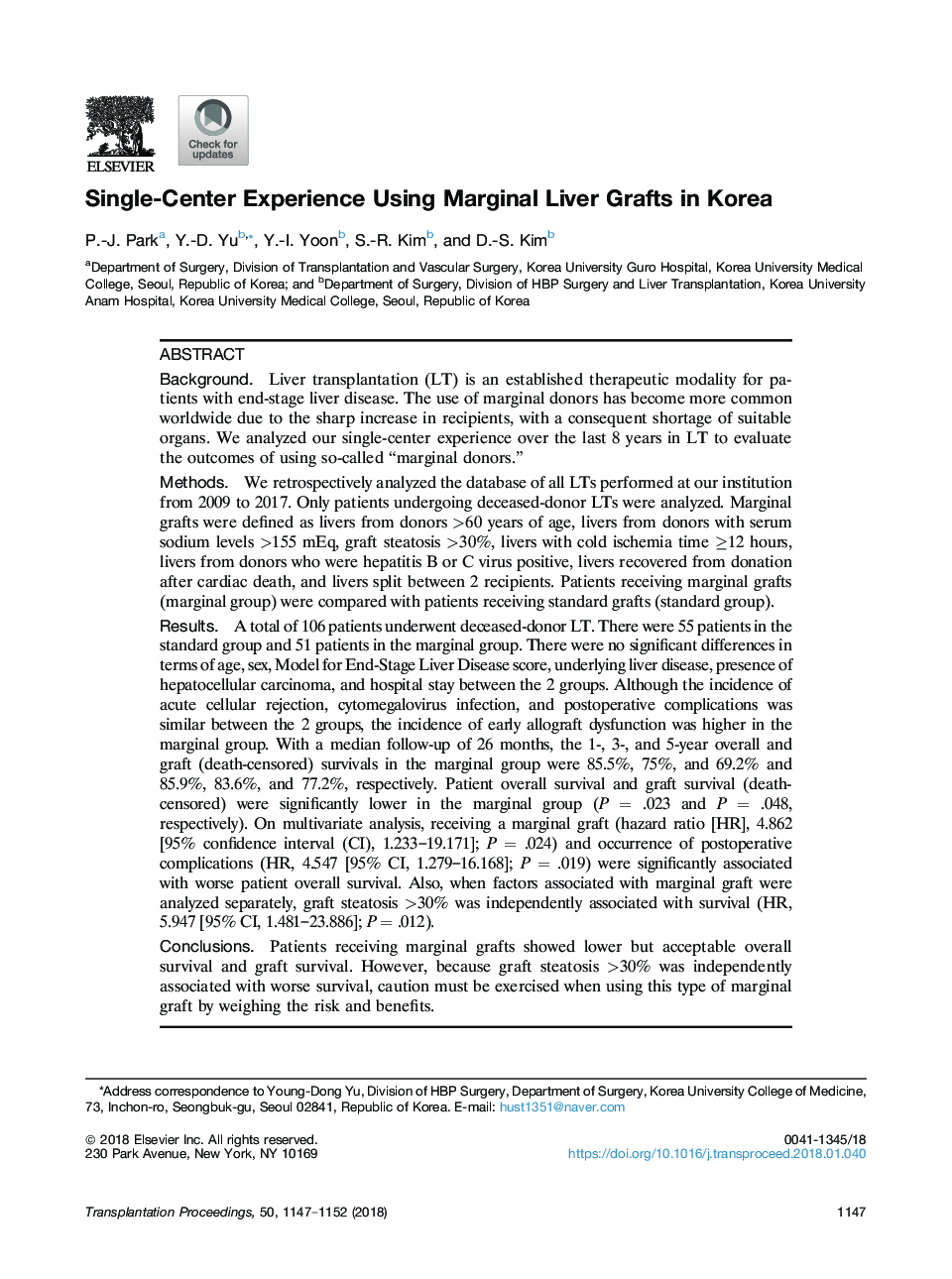 Single-Center Experience Using Marginal Liver Grafts in Korea