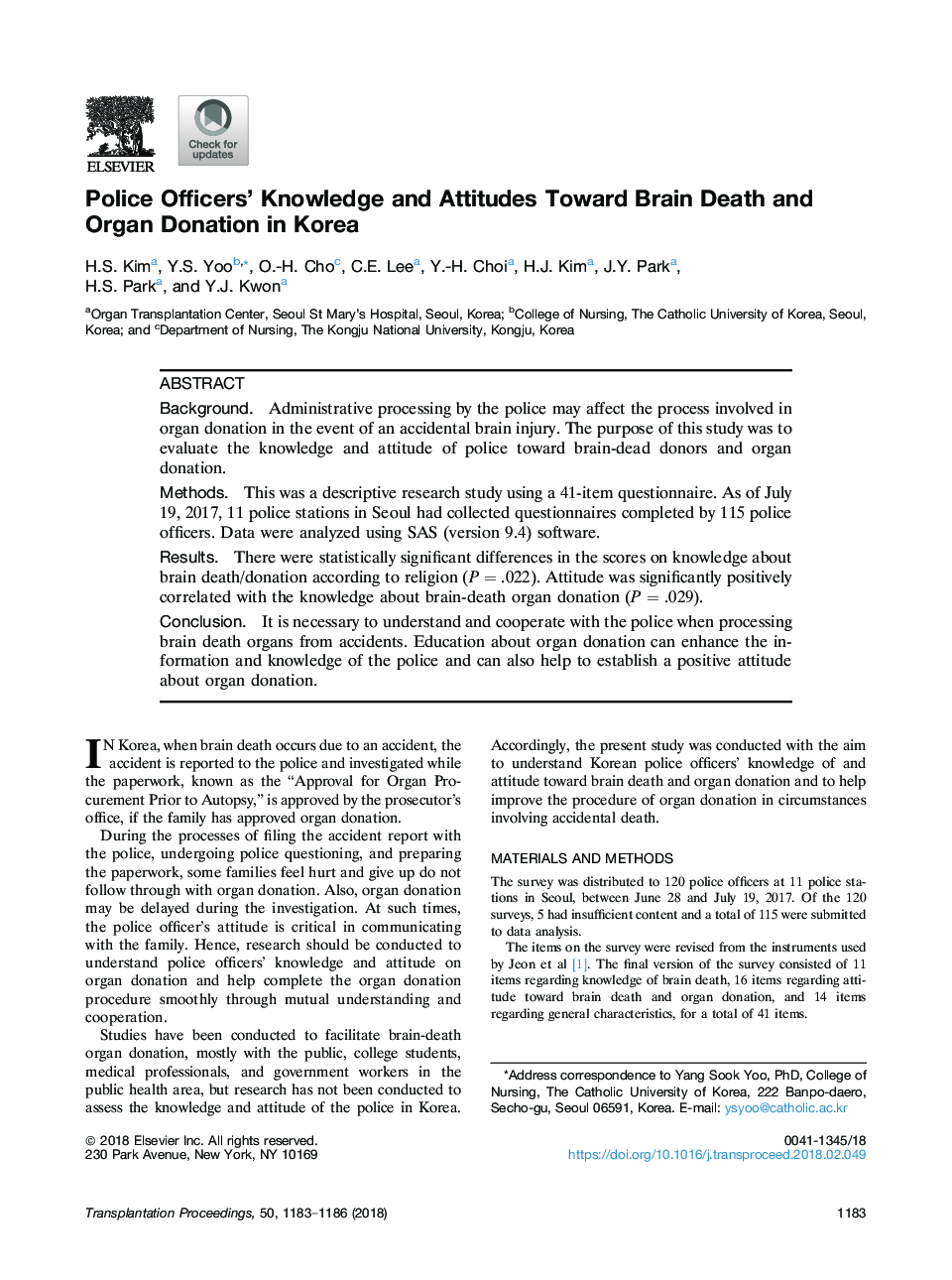 Police Officers' Knowledge and Attitudes Toward Brain Death and Organ Donation in Korea