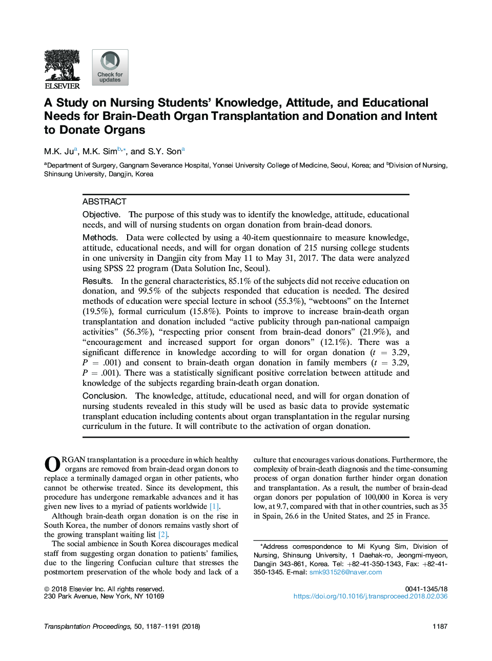 A Study on Nursing Students' Knowledge, Attitude, and Educational Needs for Brain-Death Organ Transplantation and Donation and Intent to Donate Organs