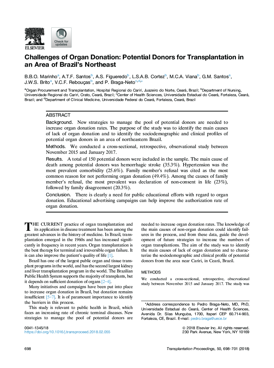 Challenges of Organ Donation: Potential Donors for Transplantation in an Area of Brazil's Northeast