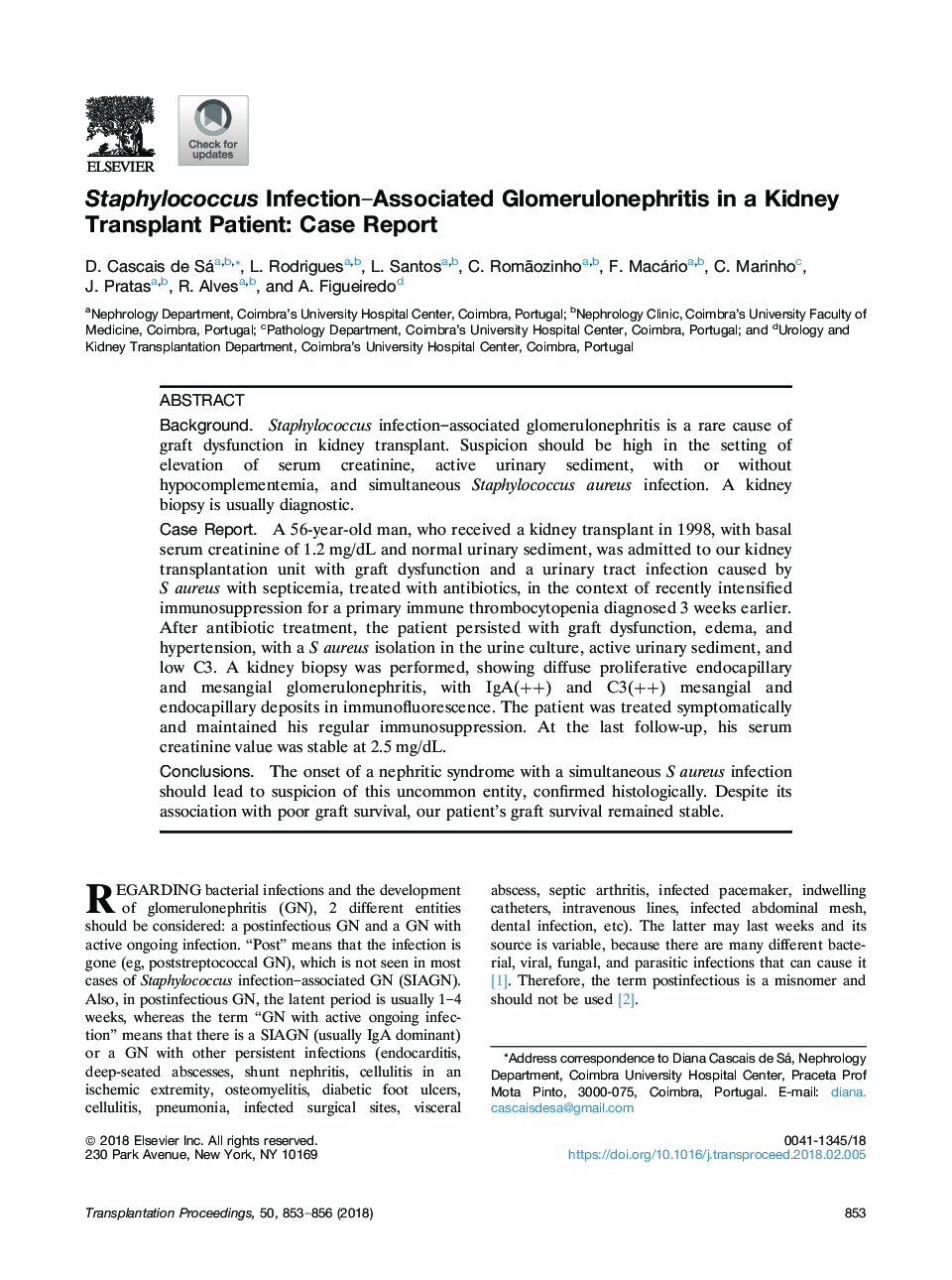 گلومرولونفریت وابسته به عفونت استافیلوکوک در یک بیمار پیوند کلیه: گزارش مورد 