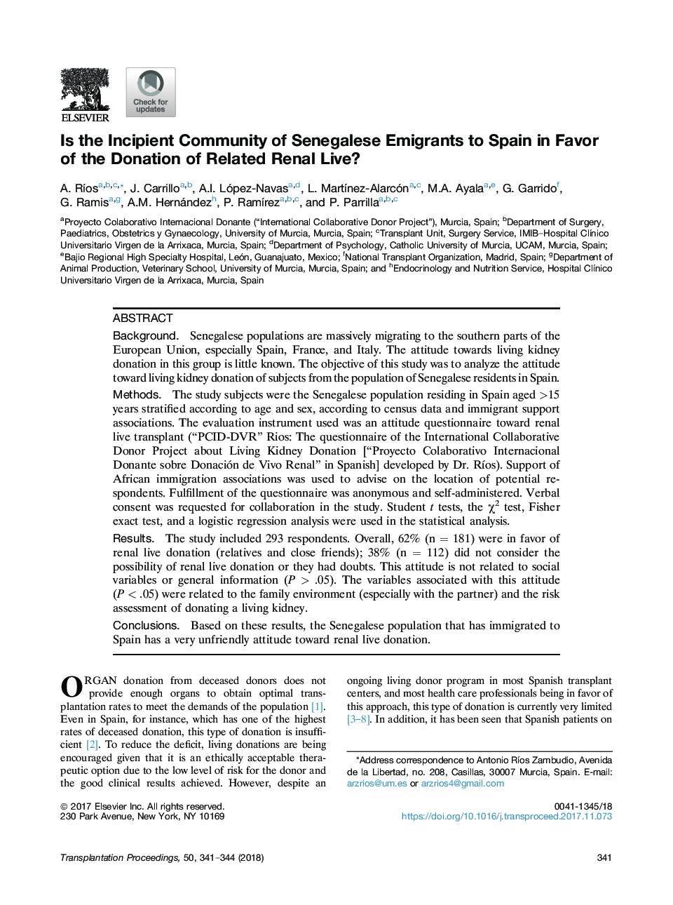 Is the Incipient Community of Senegalese Emigrants to Spain in Favor of the Donation of Related Renal Live?