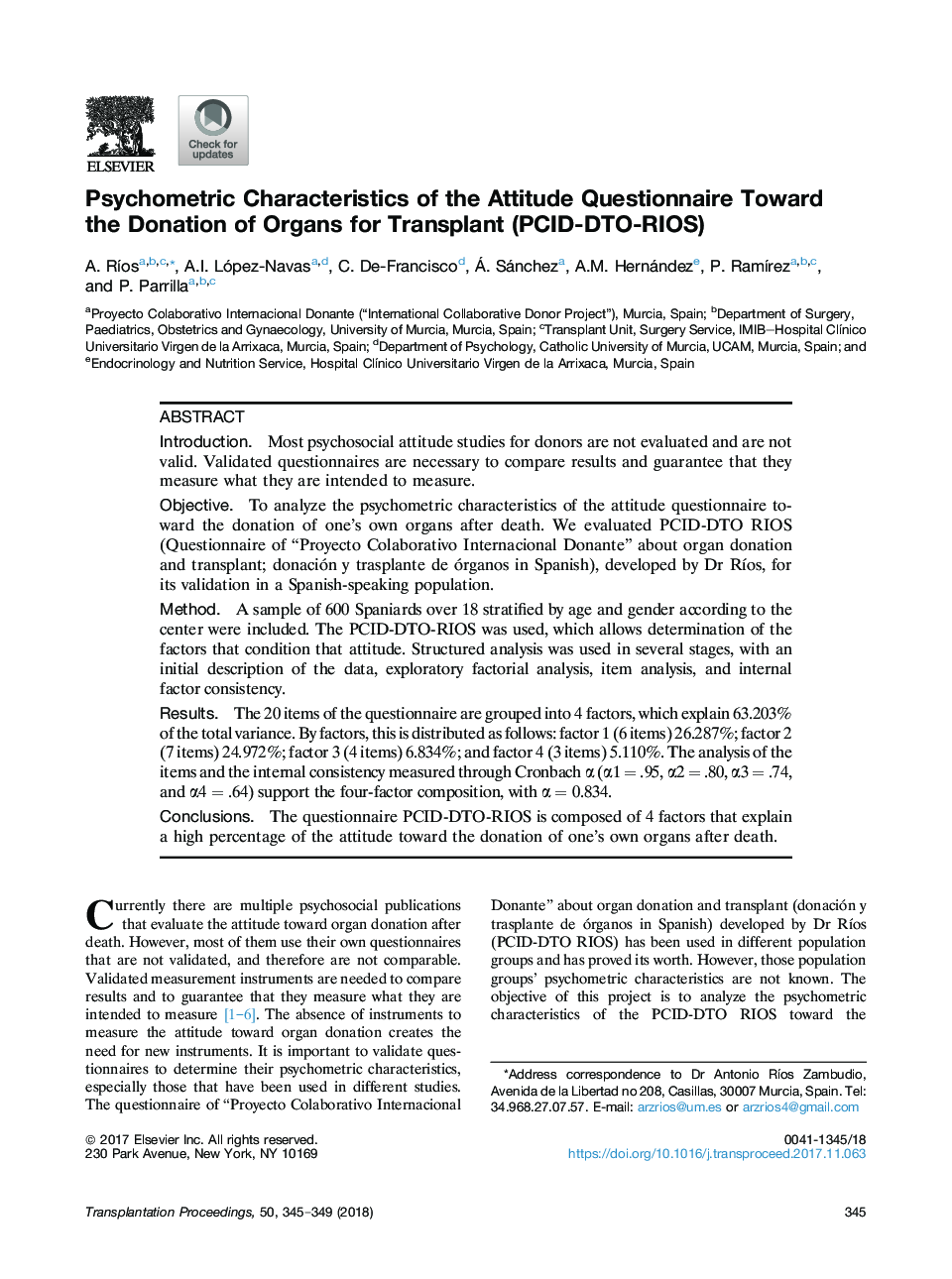 Psychometric Characteristics of the Attitude Questionnaire Toward the Donation of Organs for Transplant (PCID-DTO-RIOS)