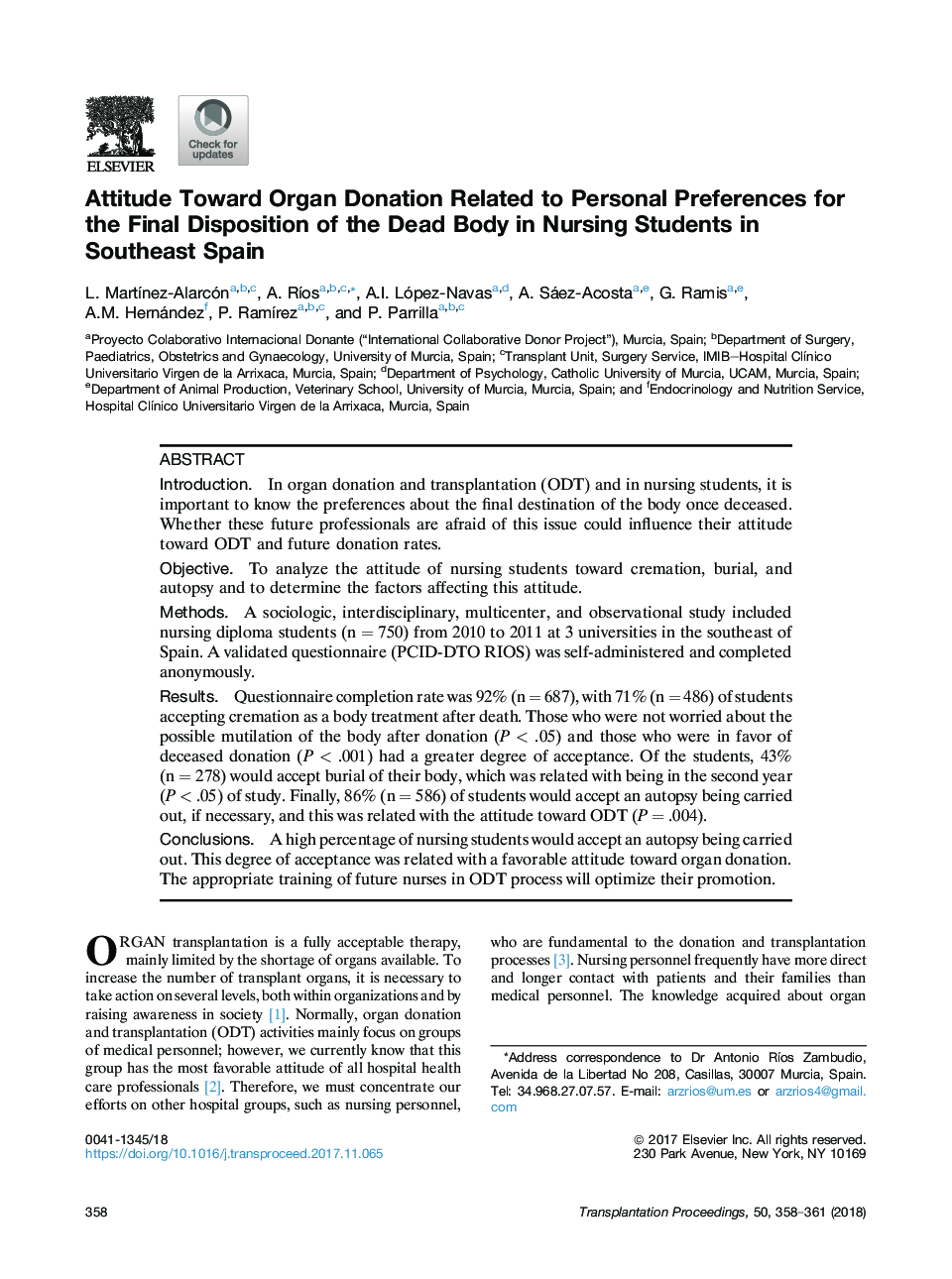 Attitude Toward Organ Donation Related to Personal Preferences for the Final Disposition of the Dead Body in Nursing Students in Southeast Spain