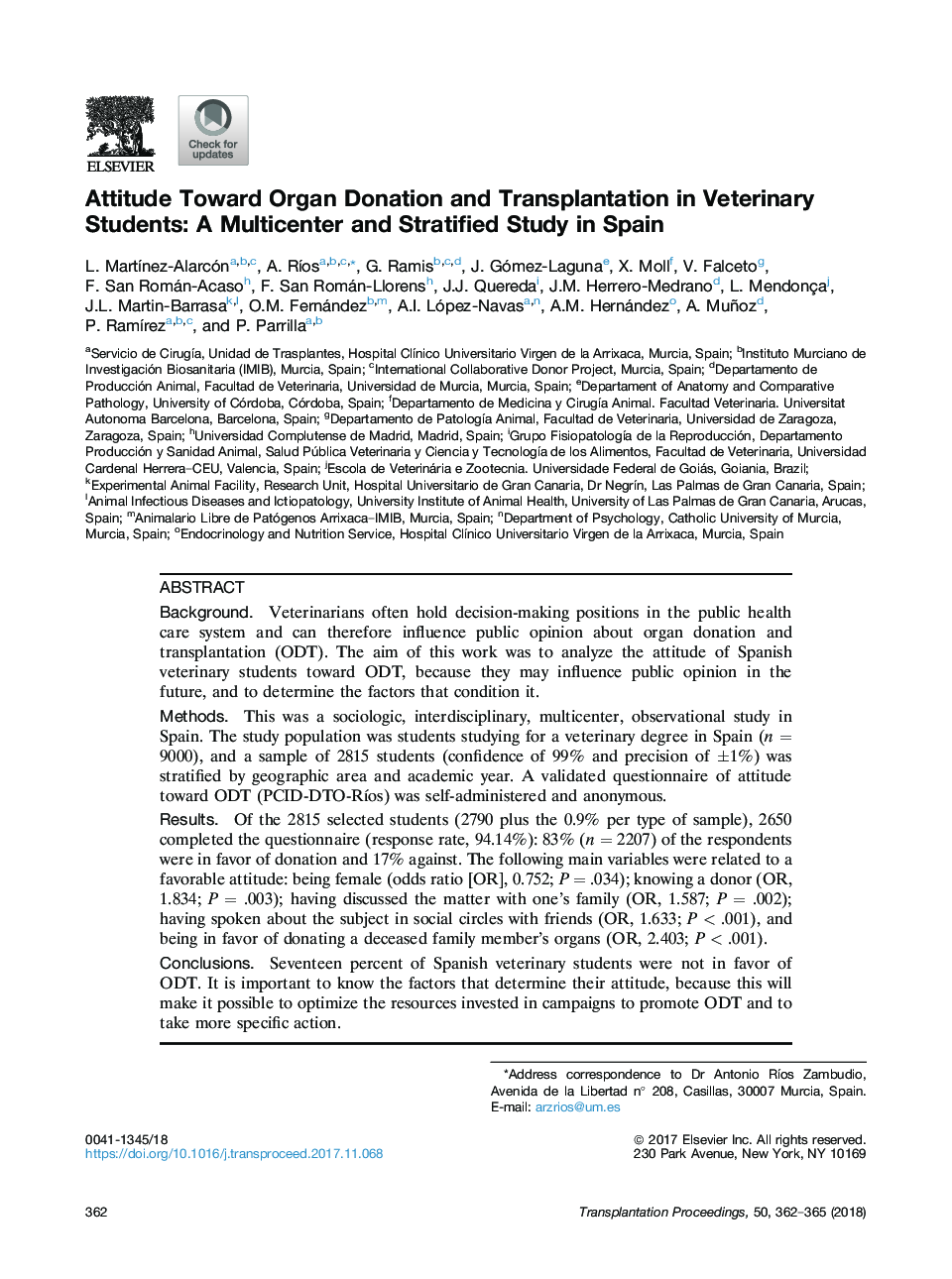 Attitude Toward Organ Donation and Transplantation in Veterinary Students: A Multicenter and Stratified Study in Spain