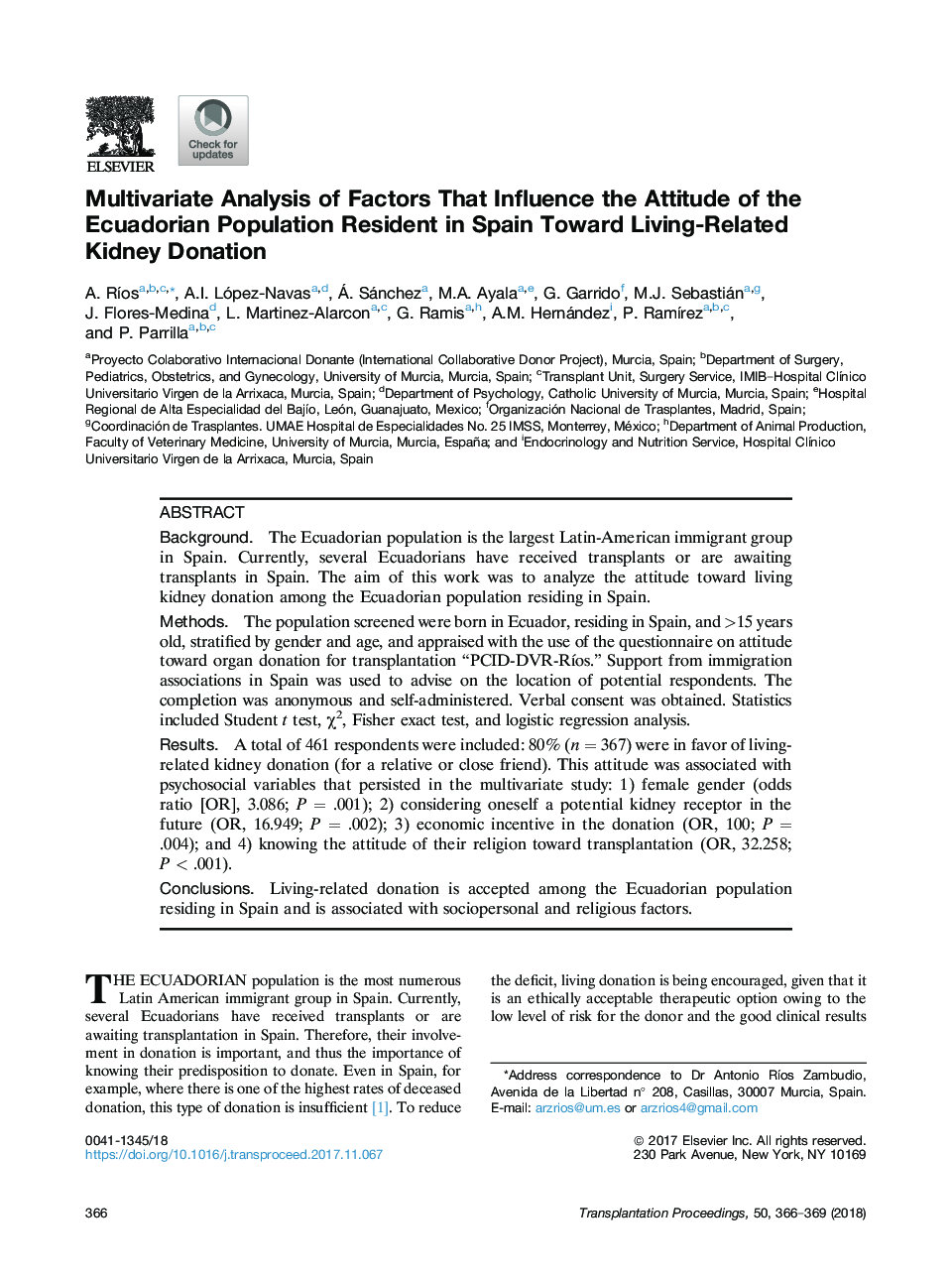 Multivariate Analysis of Factors That Influence the Attitude of the Ecuadorian Population Resident in Spain Toward Living-Related Kidney Donation