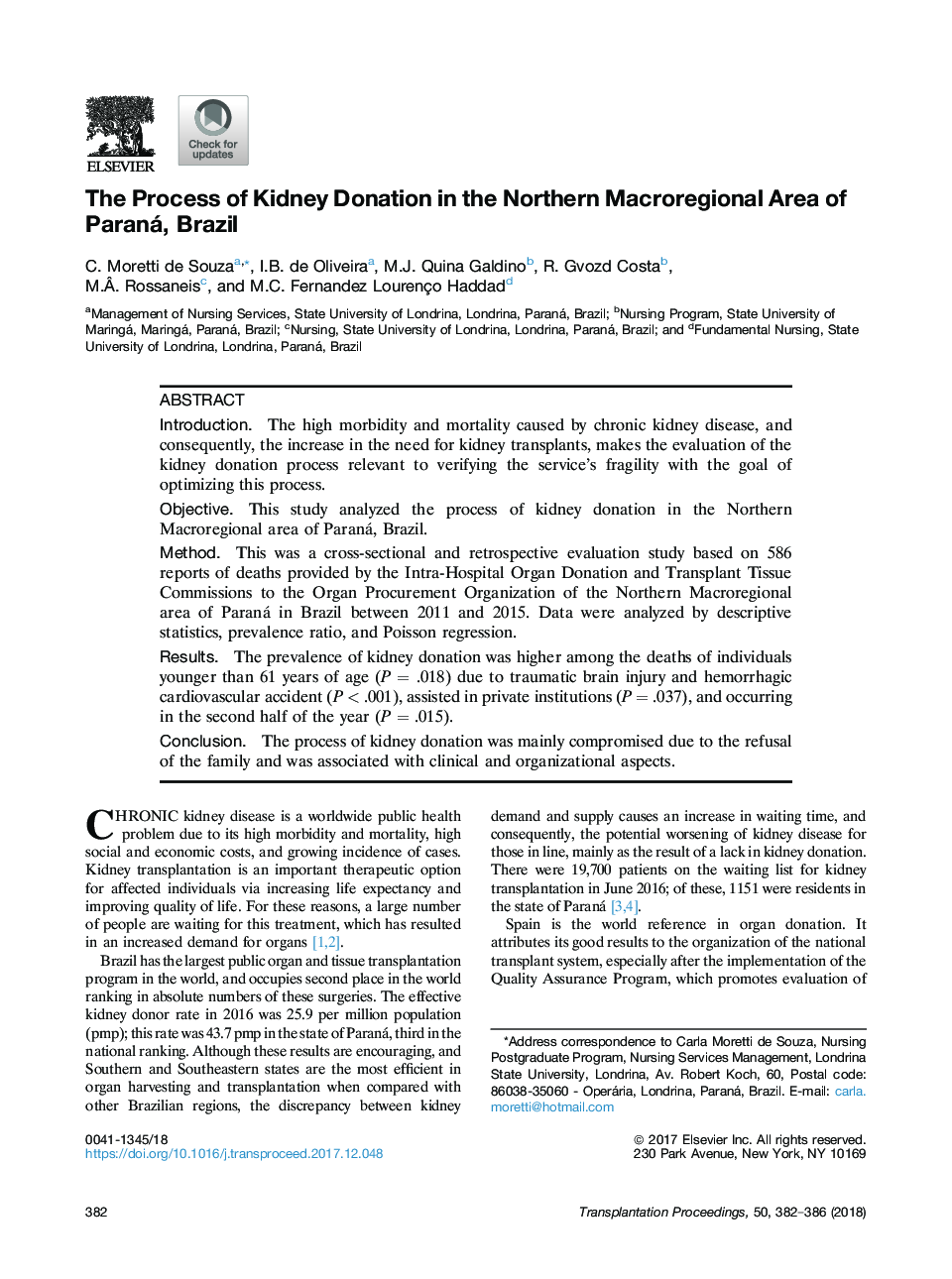 The Process of Kidney Donation in the Northern Macroregional Area of Paraná, Brazil