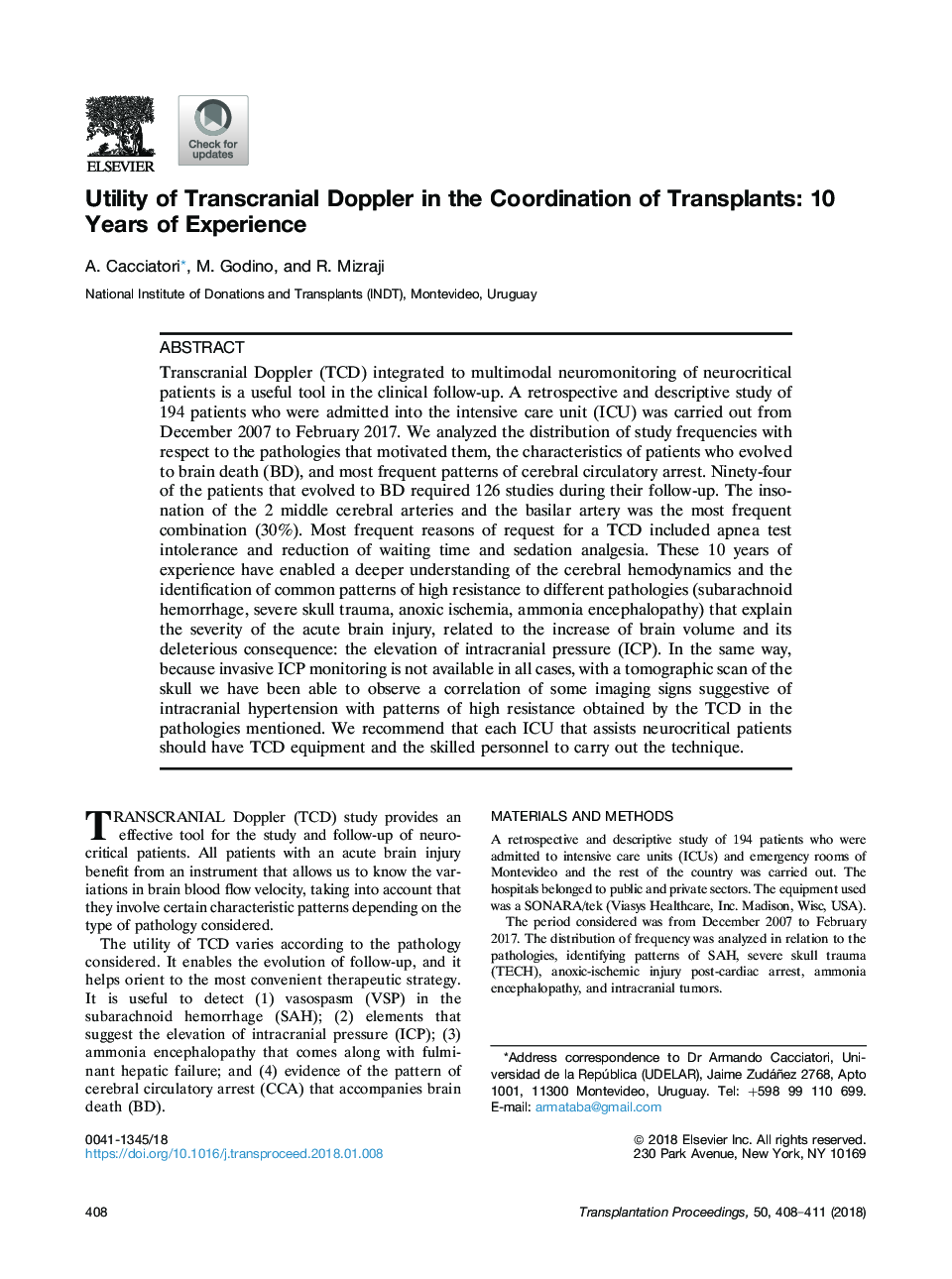 Utility of Transcranial Doppler in the Coordination of Transplants: 10 Years of Experience
