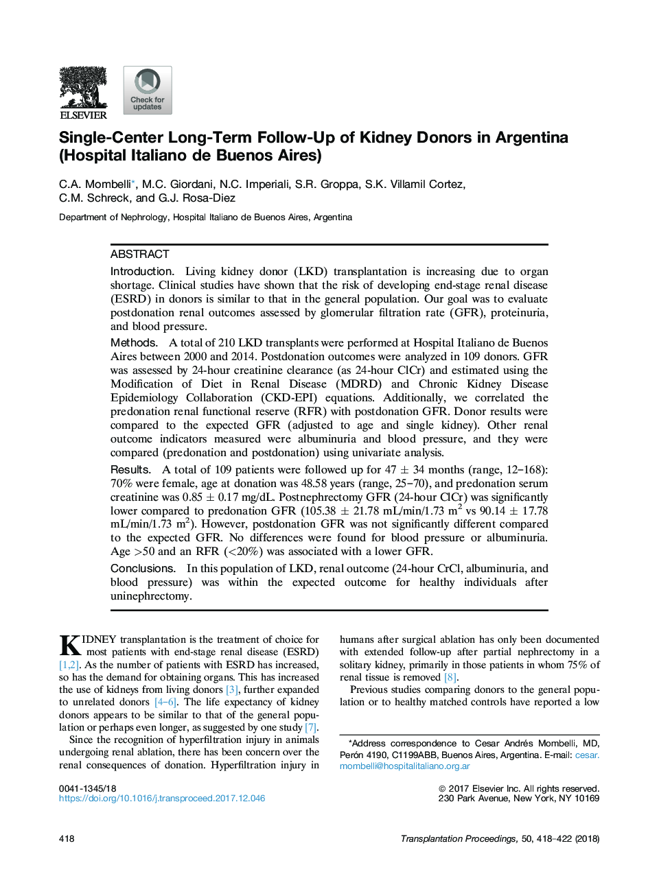 Single-Center Long-Term Follow-Up of Kidney Donors in Argentina (Hospital Italiano de Buenos Aires)