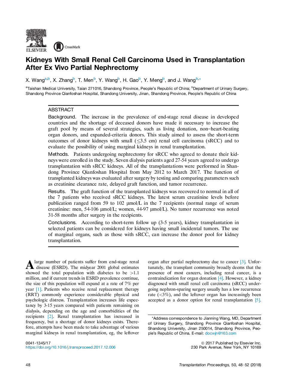 Kidneys With Small Renal Cell Carcinoma Used in Transplantation After ExÂ Vivo Partial Nephrectomy