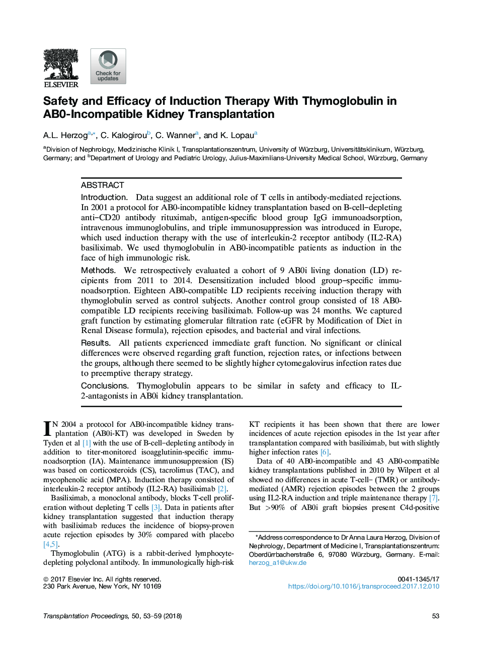 Safety and Efficacy of Induction Therapy With Thymoglobulin in AB0-Incompatible Kidney Transplantation