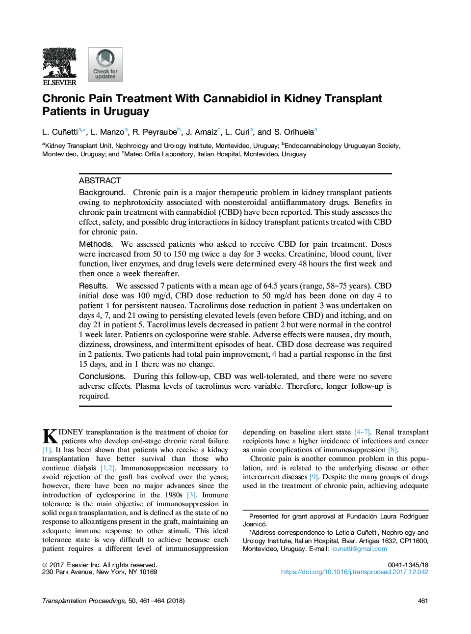 Chronic Pain Treatment With Cannabidiol in Kidney Transplant Patients in Uruguay