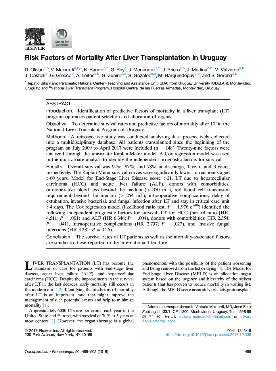 Risk Factors of Mortality After Liver Transplantation in Uruguay