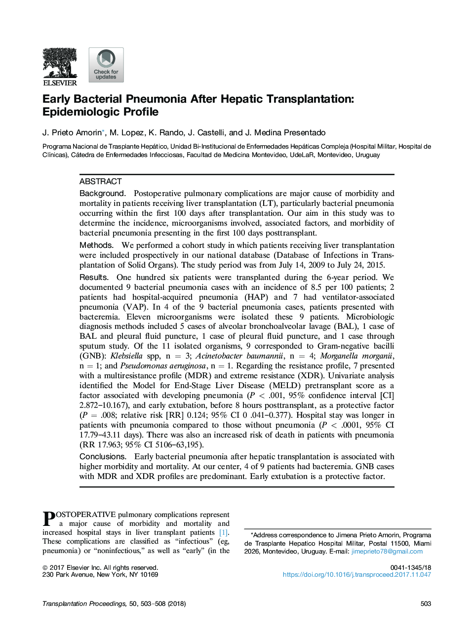 Early Bacterial Pneumonia After Hepatic Transplantation: Epidemiologic Profile