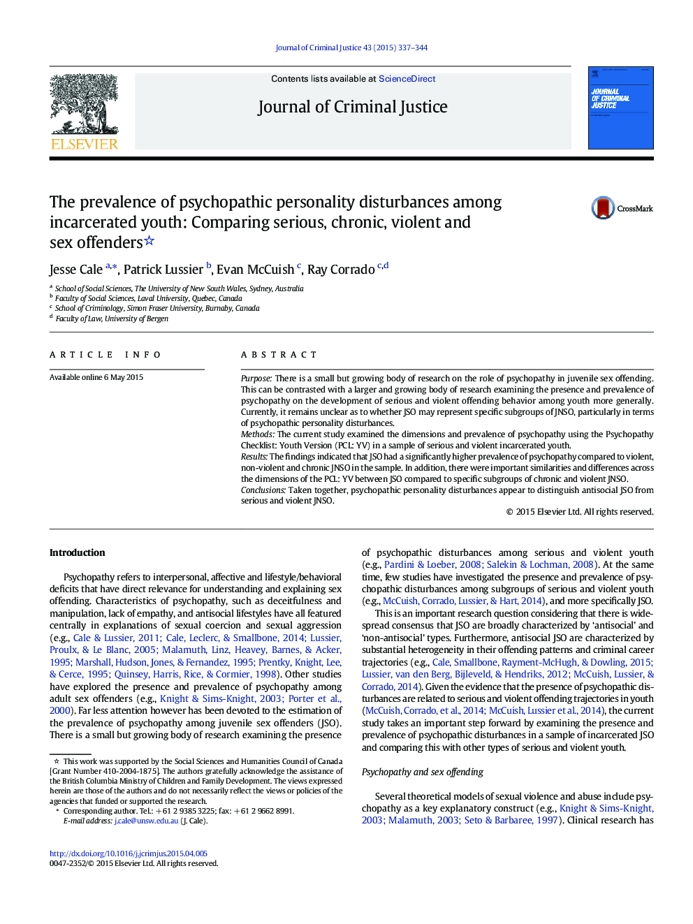 The prevalence of psychopathic personality disturbances among incarcerated youth: Comparing serious, chronic, violent and sex offenders 