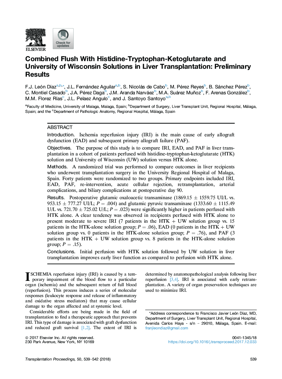 Combined Flush With Histidine-Tryptophan-Ketoglutarate and University of Wisconsin Solutions in Liver Transplantation: Preliminary Results