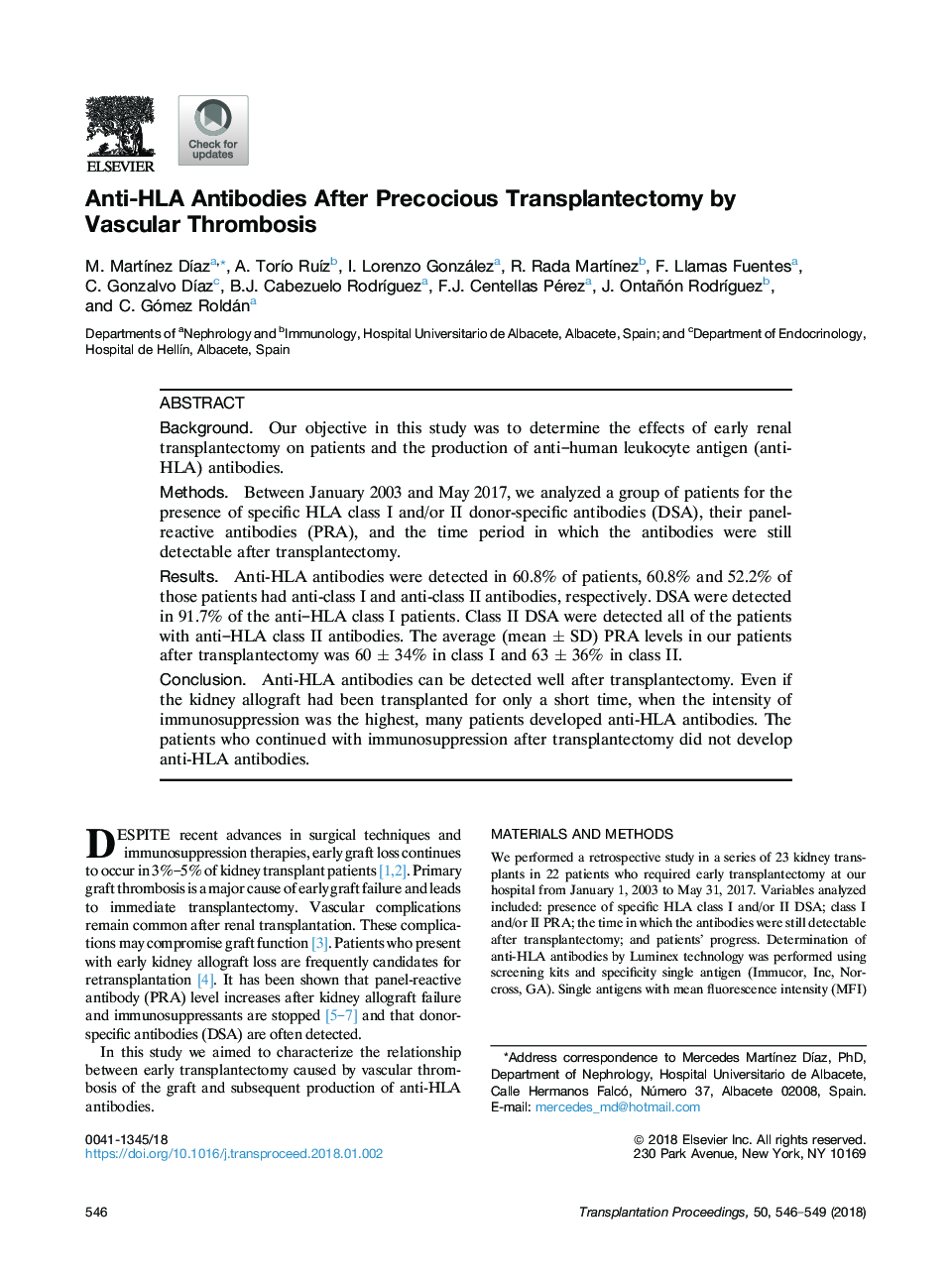 Anti-HLA Antibodies After Precocious Transplantectomy by Vascular Thrombosis