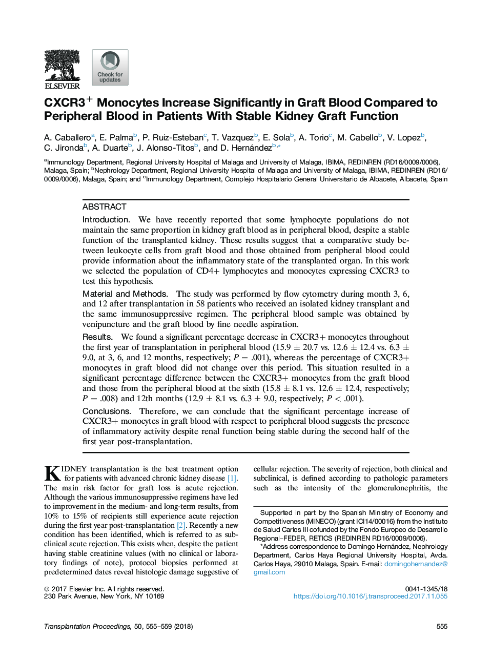 CXCR3+ Monocytes Increase Significantly in Graft Blood Compared to Peripheral Blood in Patients With Stable Kidney Graft Function