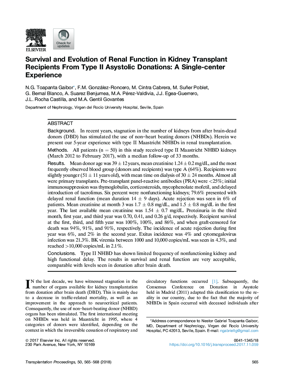Survival and Evolution of Renal Function in Kidney Transplant Recipients From Type II Asystolic Donations: A Single-center Experience