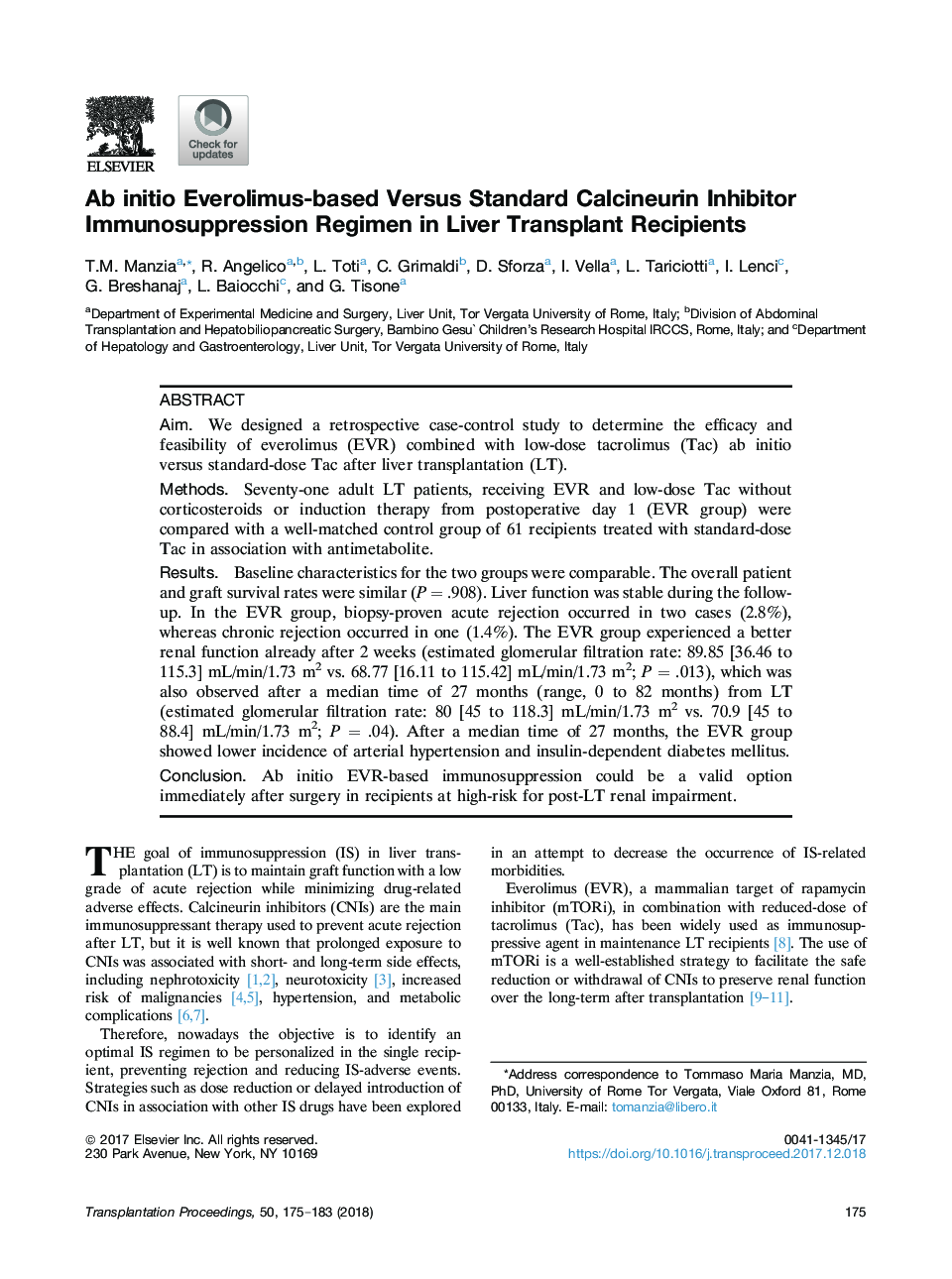 Ab initio Everolimus-based Versus Standard Calcineurin Inhibitor Immunosuppression Regimen in Liver Transplant Recipients