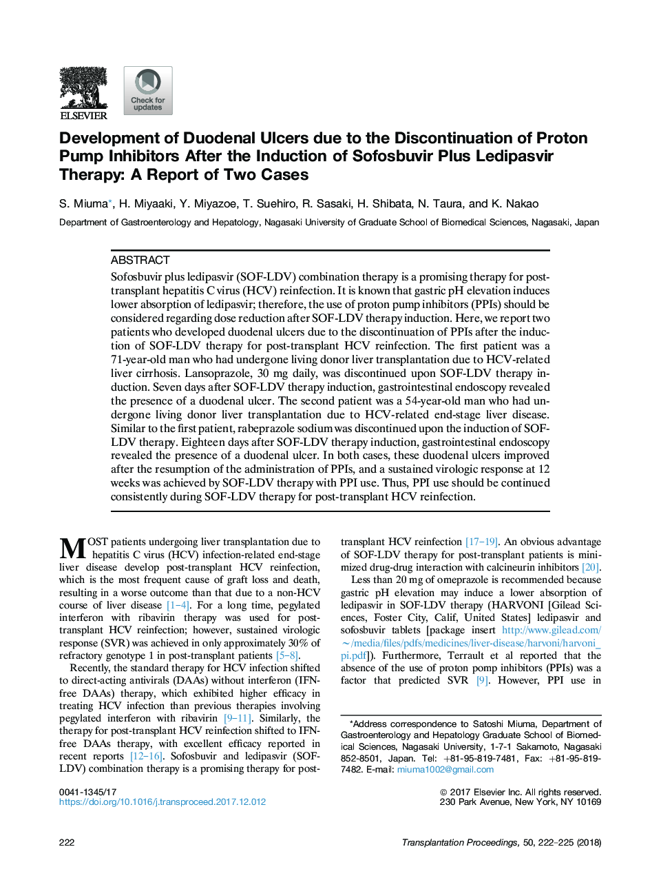 Development of Duodenal Ulcers due to the Discontinuation of Proton Pump Inhibitors After the Induction of Sofosbuvir Plus Ledipasvir Therapy: A Report of Two Cases