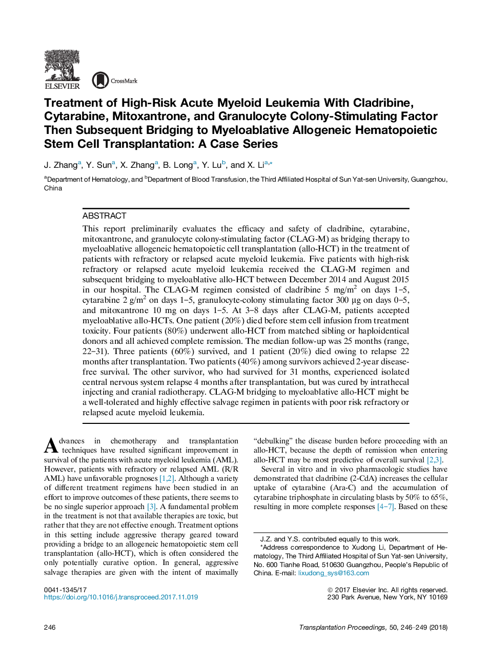 Treatment of High-Risk Acute Myeloid Leukemia With Cladribine, Cytarabine, Mitoxantrone, and Granulocyte Colony-Stimulating Factor Then Subsequent Bridging to Myeloablative Allogeneic Hematopoietic Stem Cell Transplantation: A Case Series