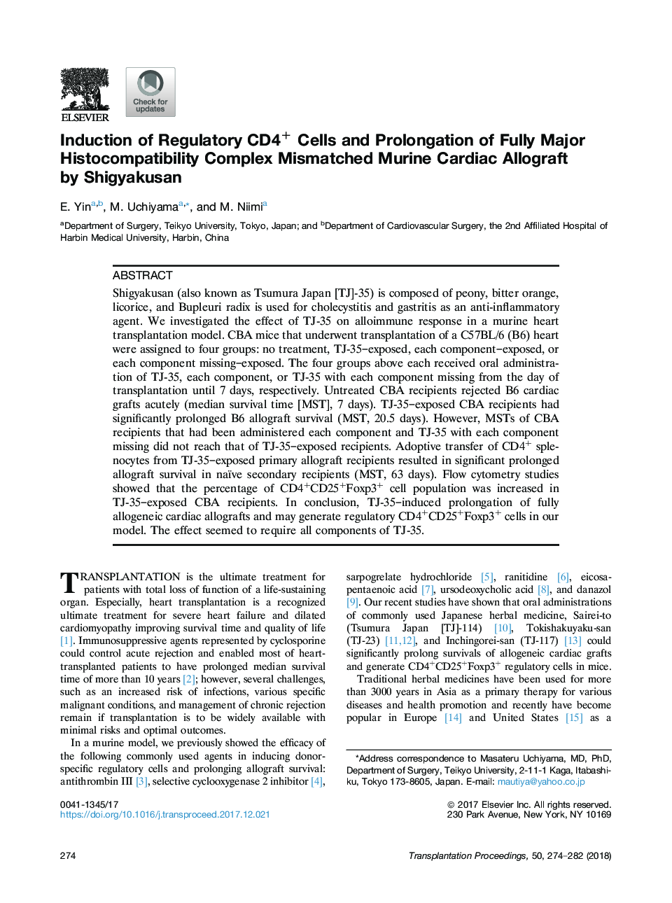 Induction of Regulatory CD4+ Cells and Prolongation of Fully Major Histocompatibility Complex Mismatched Murine Cardiac Allograft by Shigyakusan