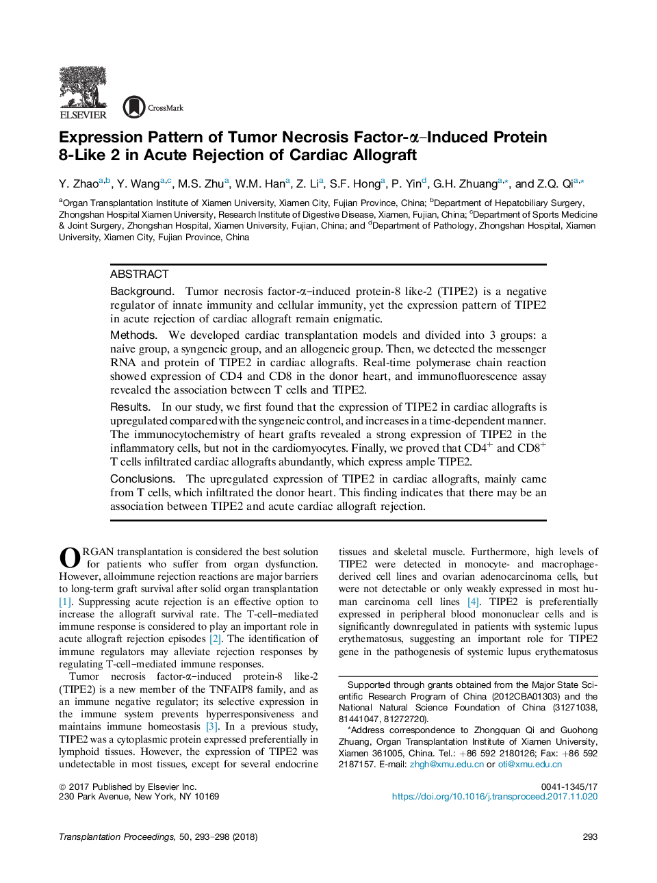 Expression Pattern of Tumor Necrosis Factor-Î±-Induced Protein 8-Like 2 in Acute Rejection of Cardiac Allograft