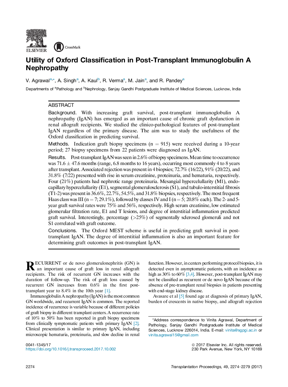 Utility of Oxford Classification in Post-Transplant Immunoglobulin A Nephropathy