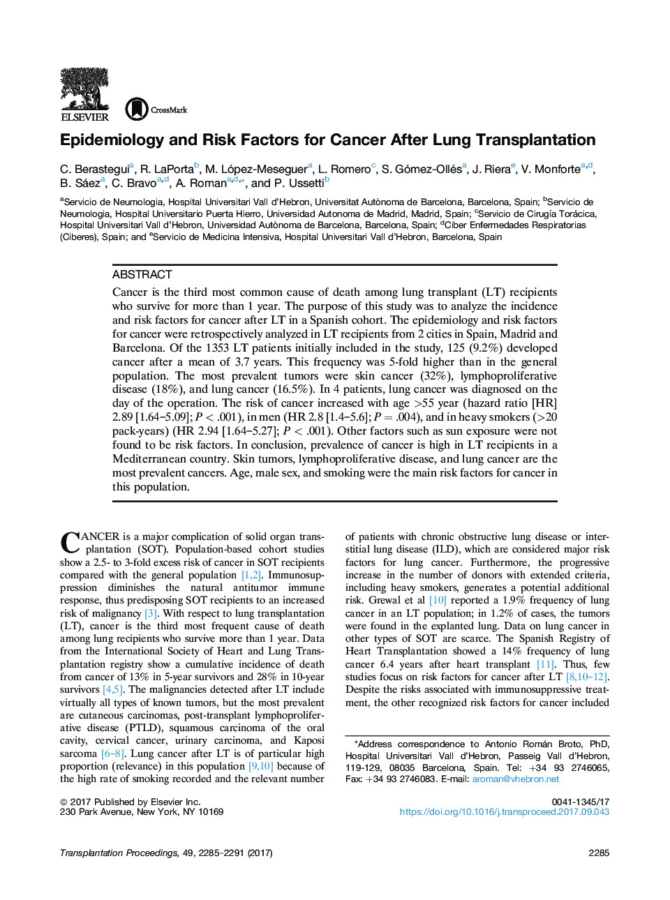 Epidemiology and Risk Factors for Cancer After Lung Transplantation