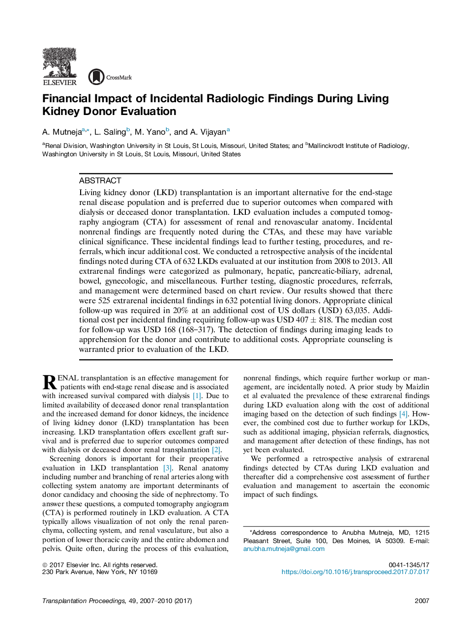 Financial Impact of Incidental Radiologic Findings During Living Kidney Donor Evaluation